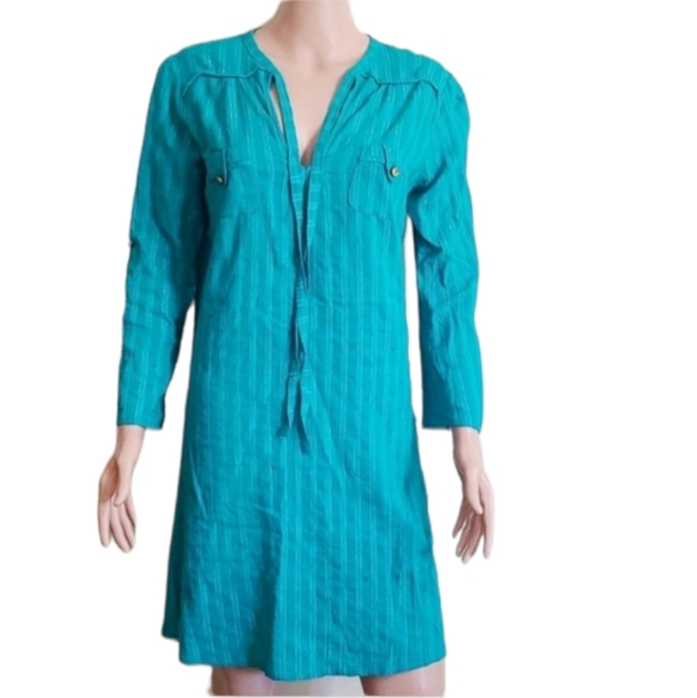 T-Bags Los Angeles  tunic Dress Blue turquoise/Silver  Roll-up Sleeve Size‎ M